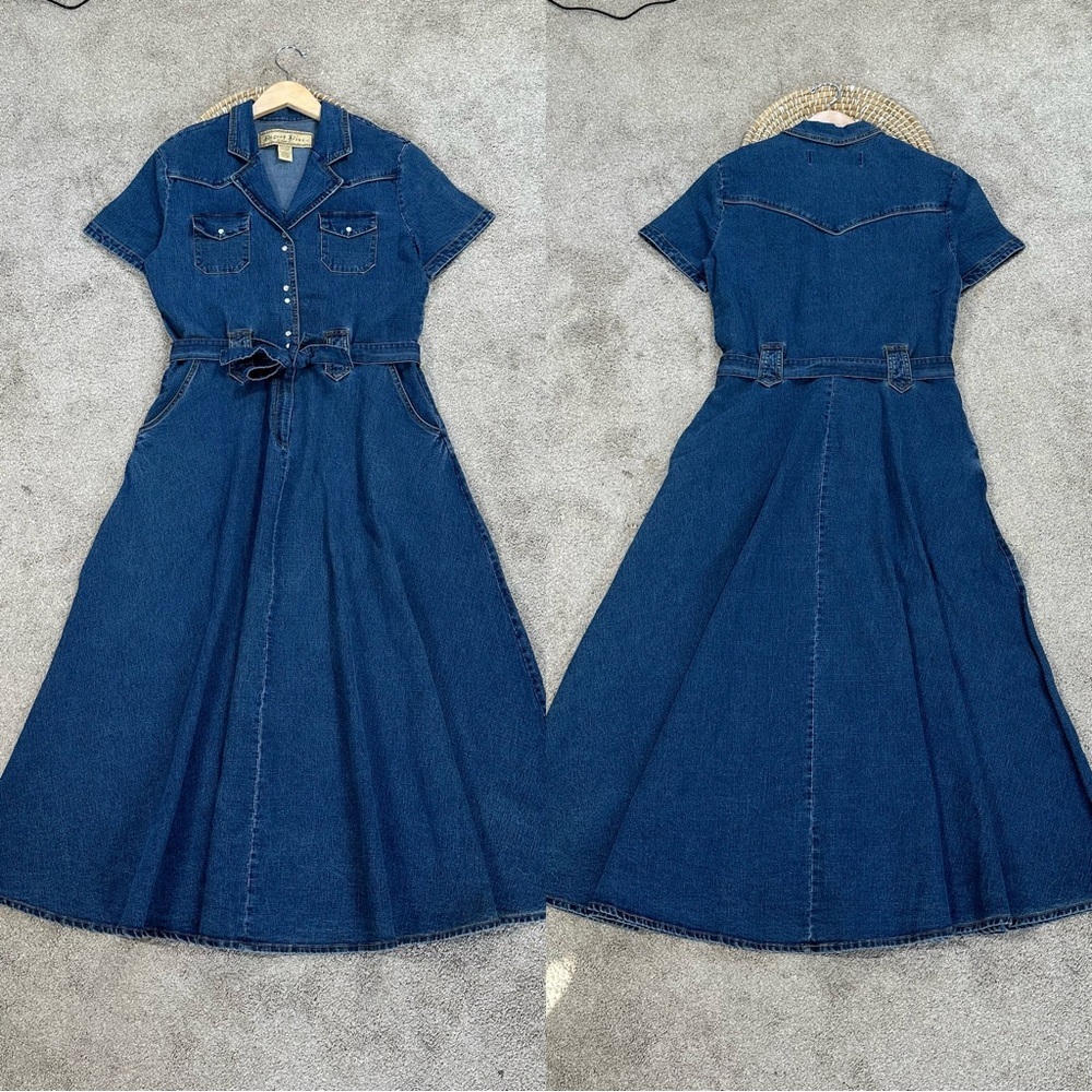 Desert Diva by Sherry Holt Vintage 90s Cotton Denim Maxi Dress Belted Western M